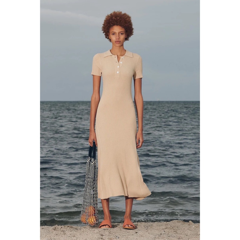 SAMSOE Beige Ribbed Knit Dress
